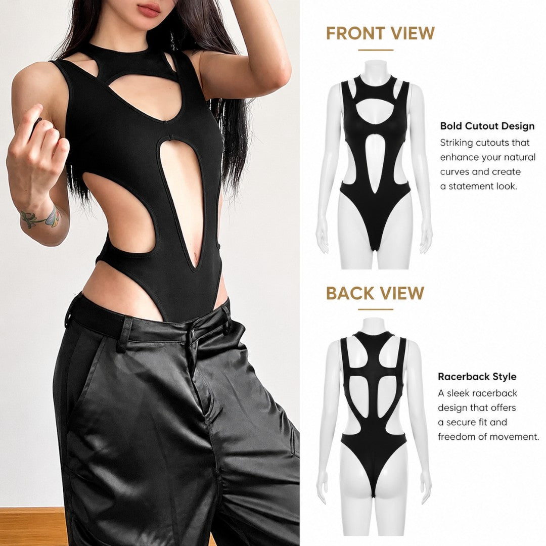 Black Cutout Bodysuit For Women | Edgy Sleeveless Club Top | Statement Night Out Outfit | Stretch Fitted Body Top