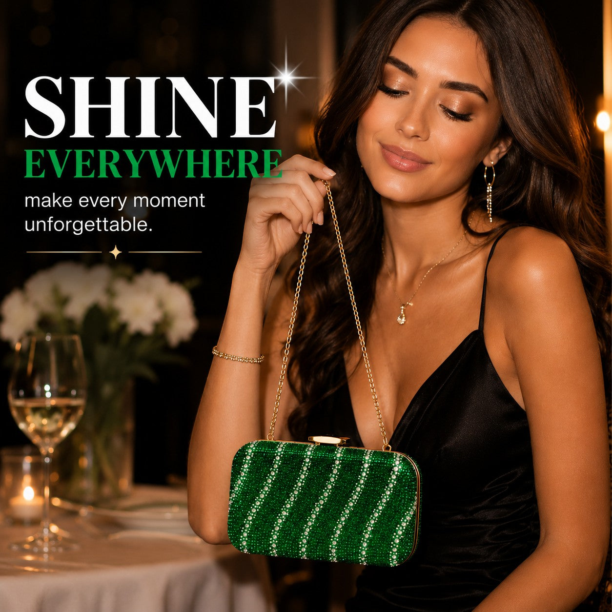 Green Rhinestone Evening Clutch Bag for Women, Sparkly Crystal Purse, Formal Party Handbag, Wedding Prom Bag