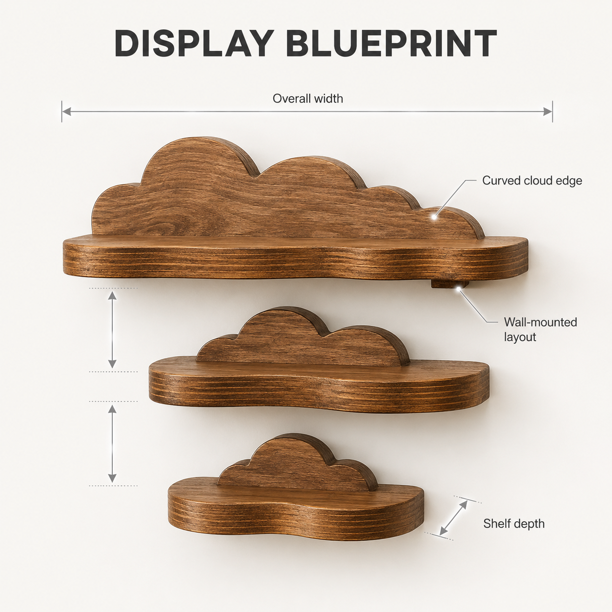 Cloud Wood Wall Shelf | Floating Display Shelves | Decorative Plant Shelf | Mounted Storage for Living Room Bathroom