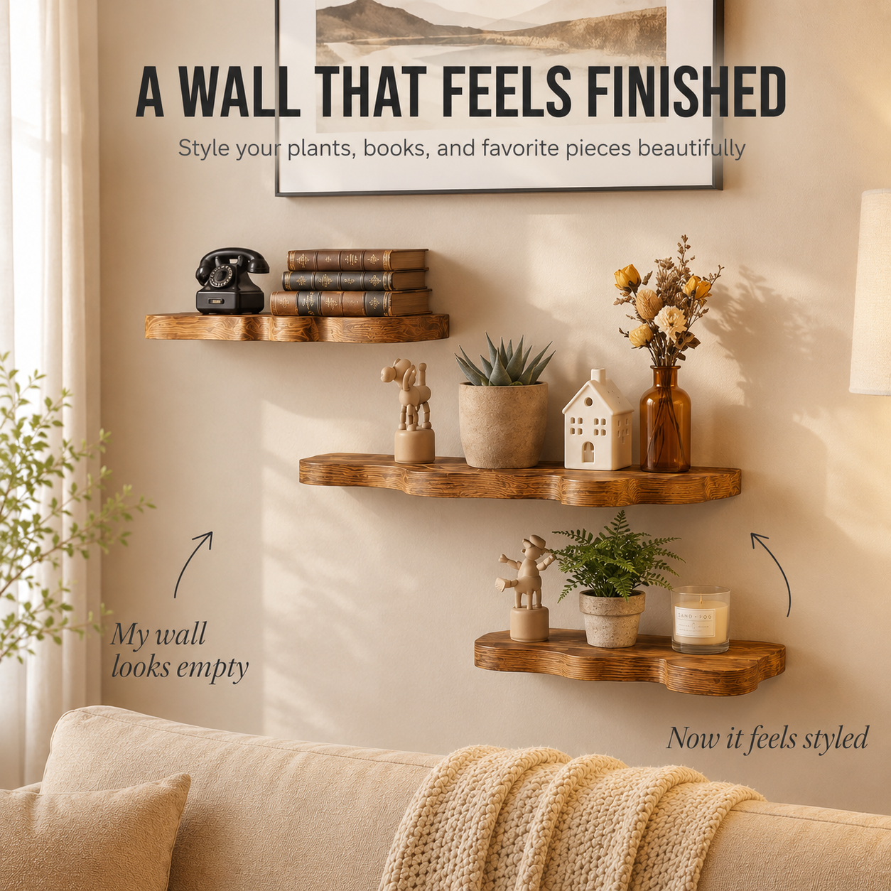 Cloud Wood Wall Shelf | Floating Display Shelves | Decorative Plant Shelf | Mounted Storage for Living Room Bathroom