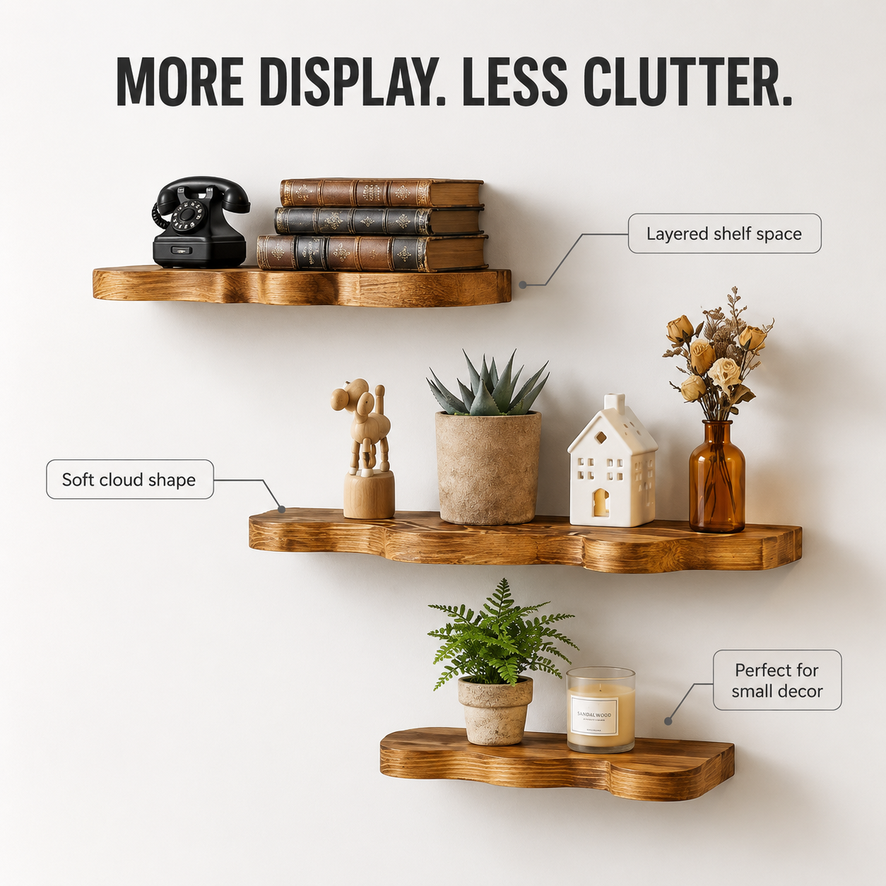 Cloud Wood Wall Shelf | Floating Display Shelves | Decorative Plant Shelf | Mounted Storage for Living Room Bathroom