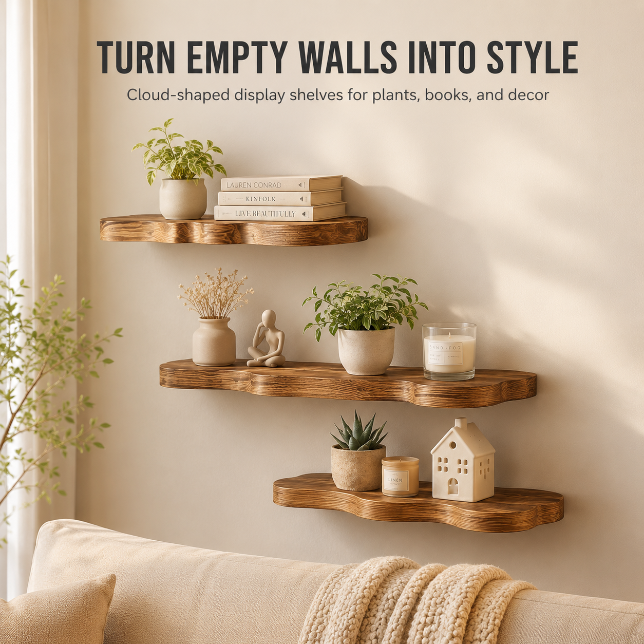 Cloud Wood Wall Shelf | Floating Display Shelves | Decorative Plant Shelf | Mounted Storage for Living Room Bathroom