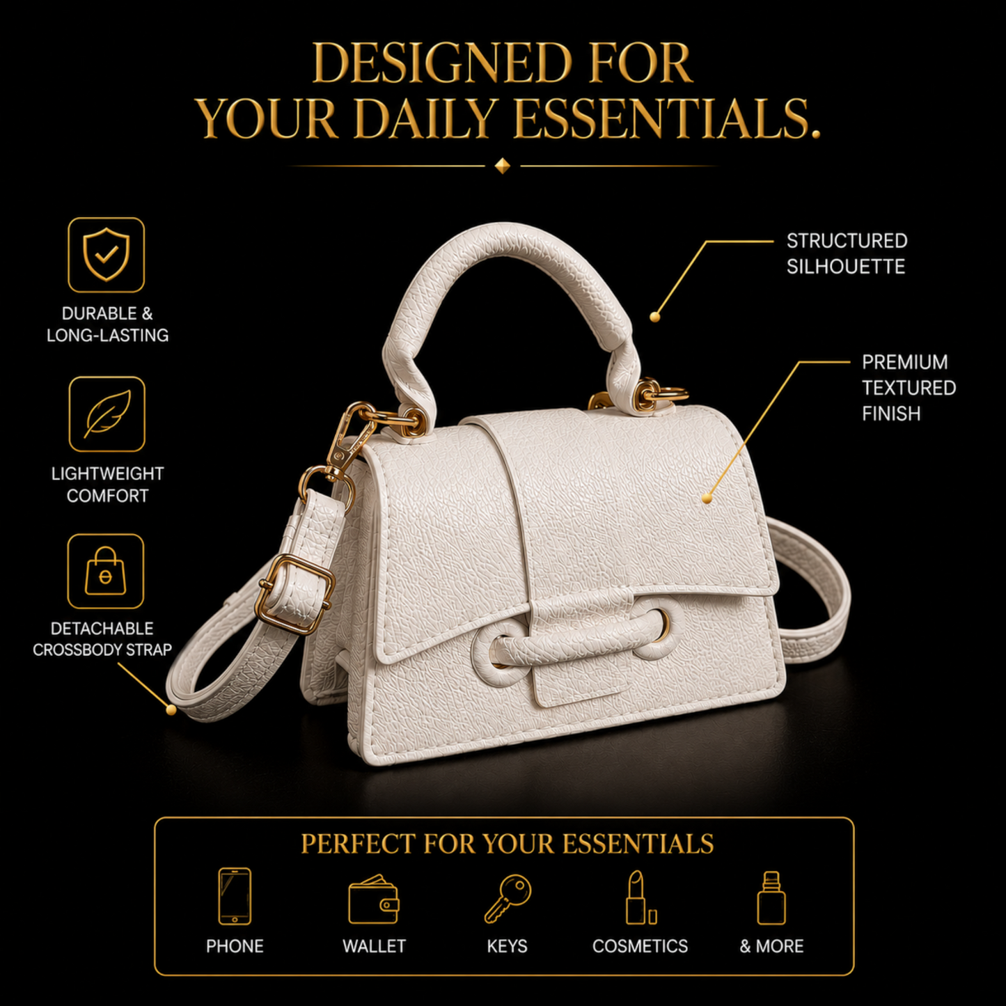 Quiet Luxury Top Handle Crossbody Bag for Women | Minimalist Textured Leather Shoulder Purse with Gold Hardware