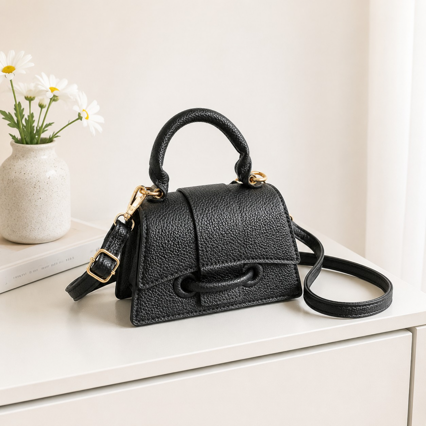 Quiet Luxury Top Handle Crossbody Bag for Women | Minimalist Textured Leather Shoulder Purse with Gold Hardware