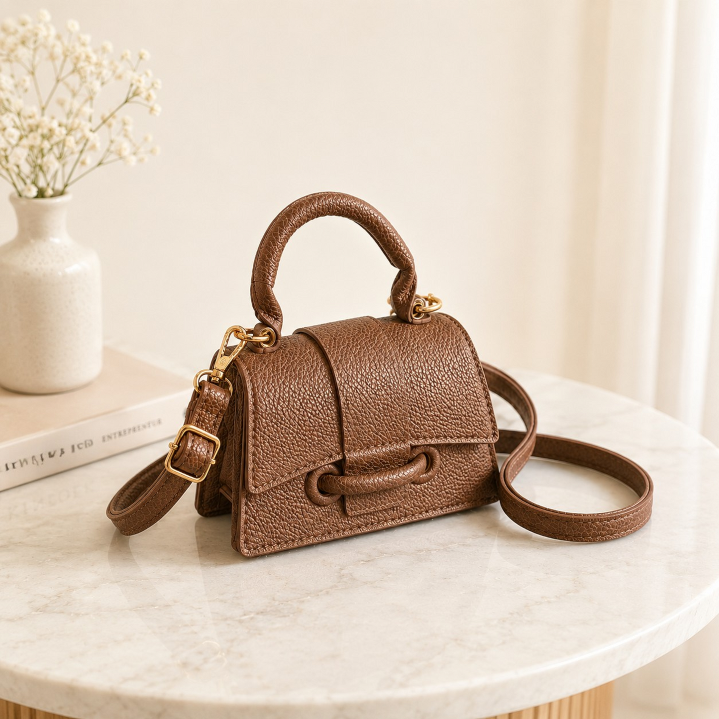 Quiet Luxury Top Handle Crossbody Bag for Women | Minimalist Textured Leather Shoulder Purse with Gold Hardware