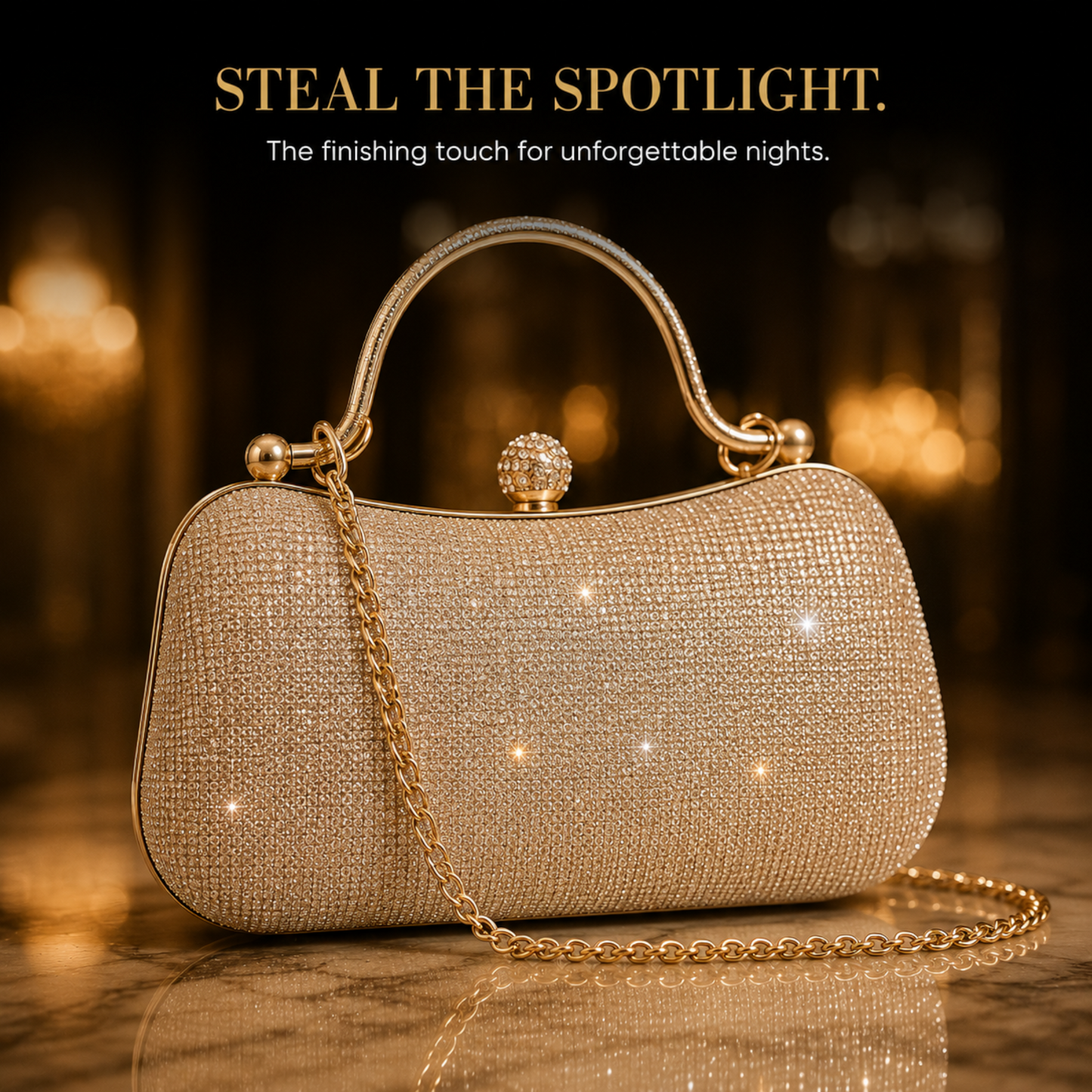 Champagne Crystal Evening Clutch Bag for Women | Luxury Rhinestone Top Handle Purse with Chain Strap for Weddings & Parties