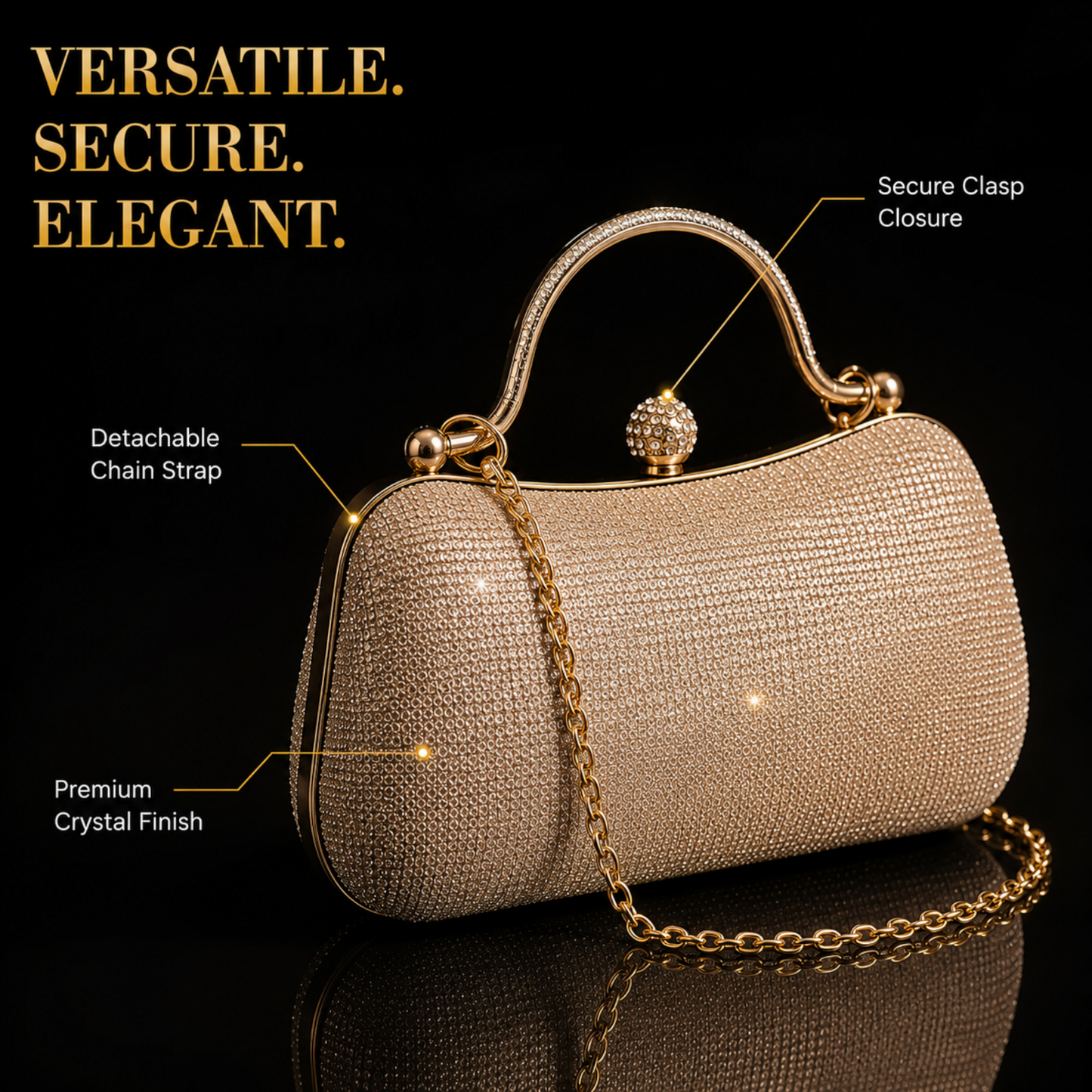 Champagne Crystal Evening Clutch Bag for Women | Luxury Rhinestone Top Handle Purse with Chain Strap for Weddings & Parties