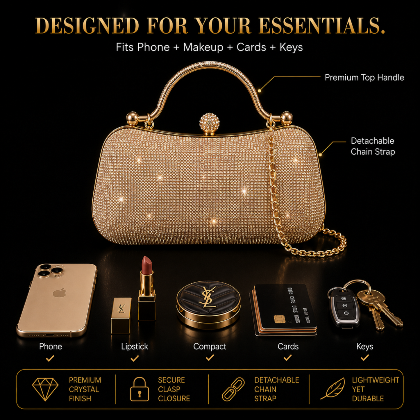 Champagne Crystal Evening Clutch Bag for Women | Luxury Rhinestone Top Handle Purse with Chain Strap for Weddings & Parties