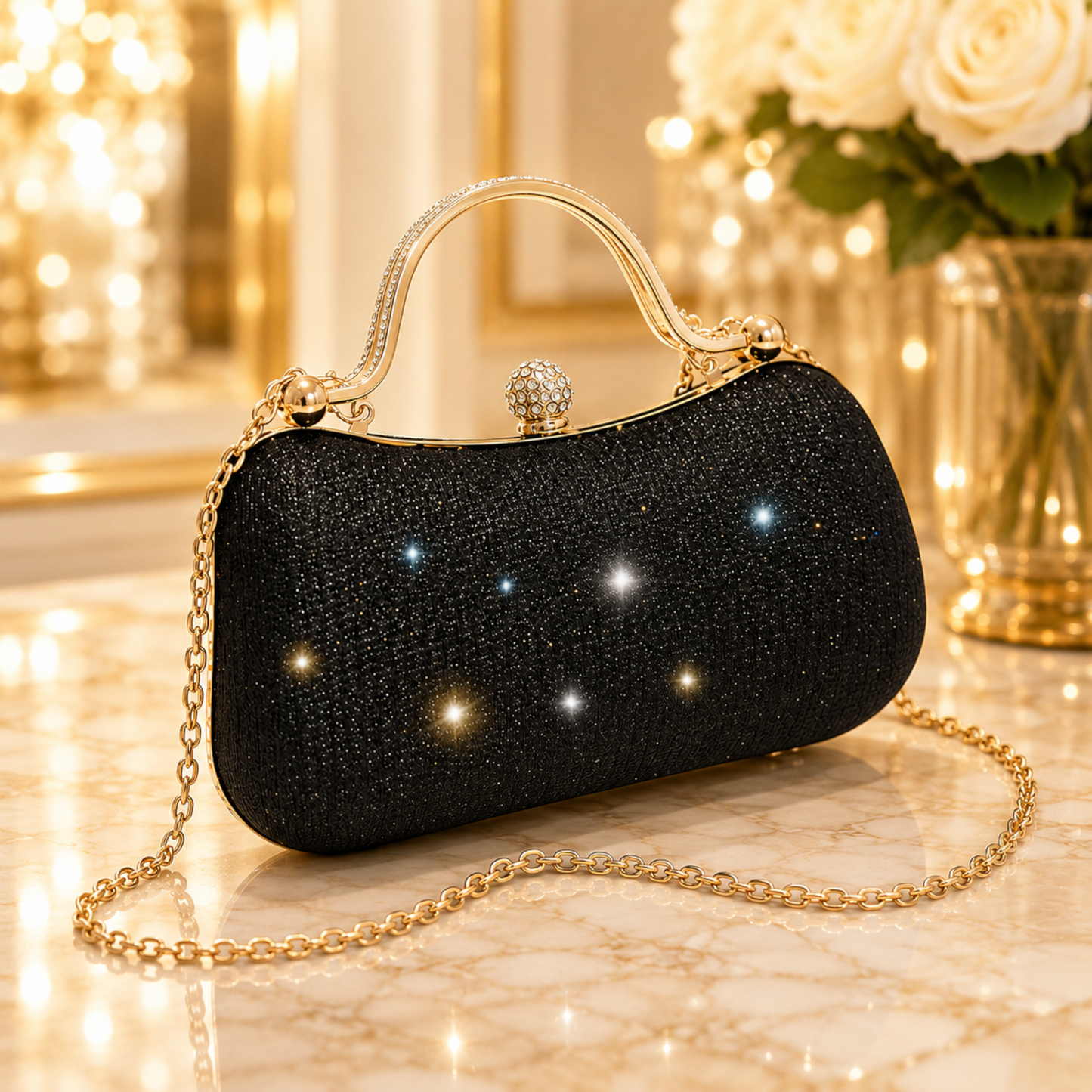 Champagne Crystal Evening Clutch Bag for Women | Luxury Rhinestone Top Handle Purse with Chain Strap for Weddings & Parties