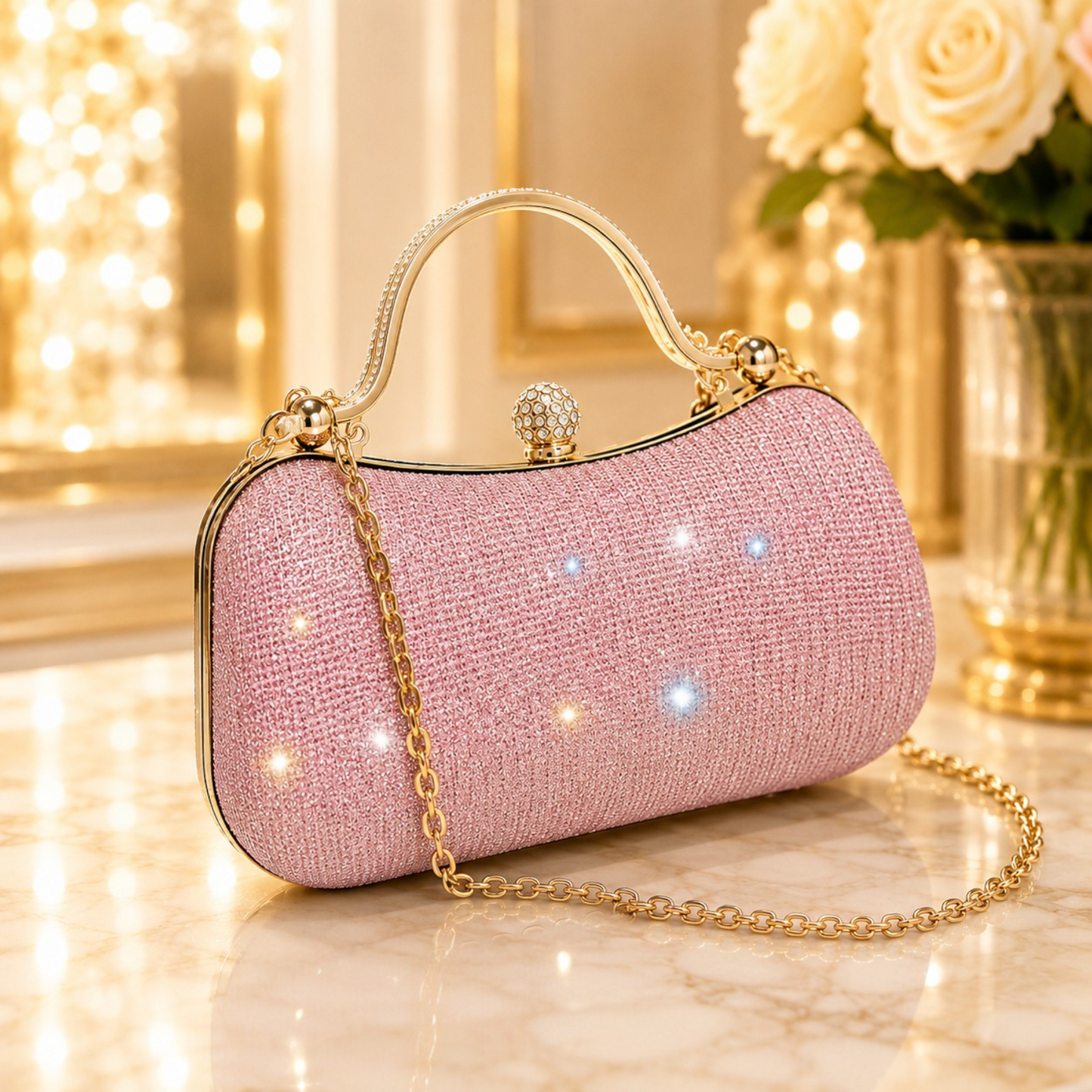 Champagne Crystal Evening Clutch Bag for Women | Luxury Rhinestone Top Handle Purse with Chain Strap for Weddings & Parties