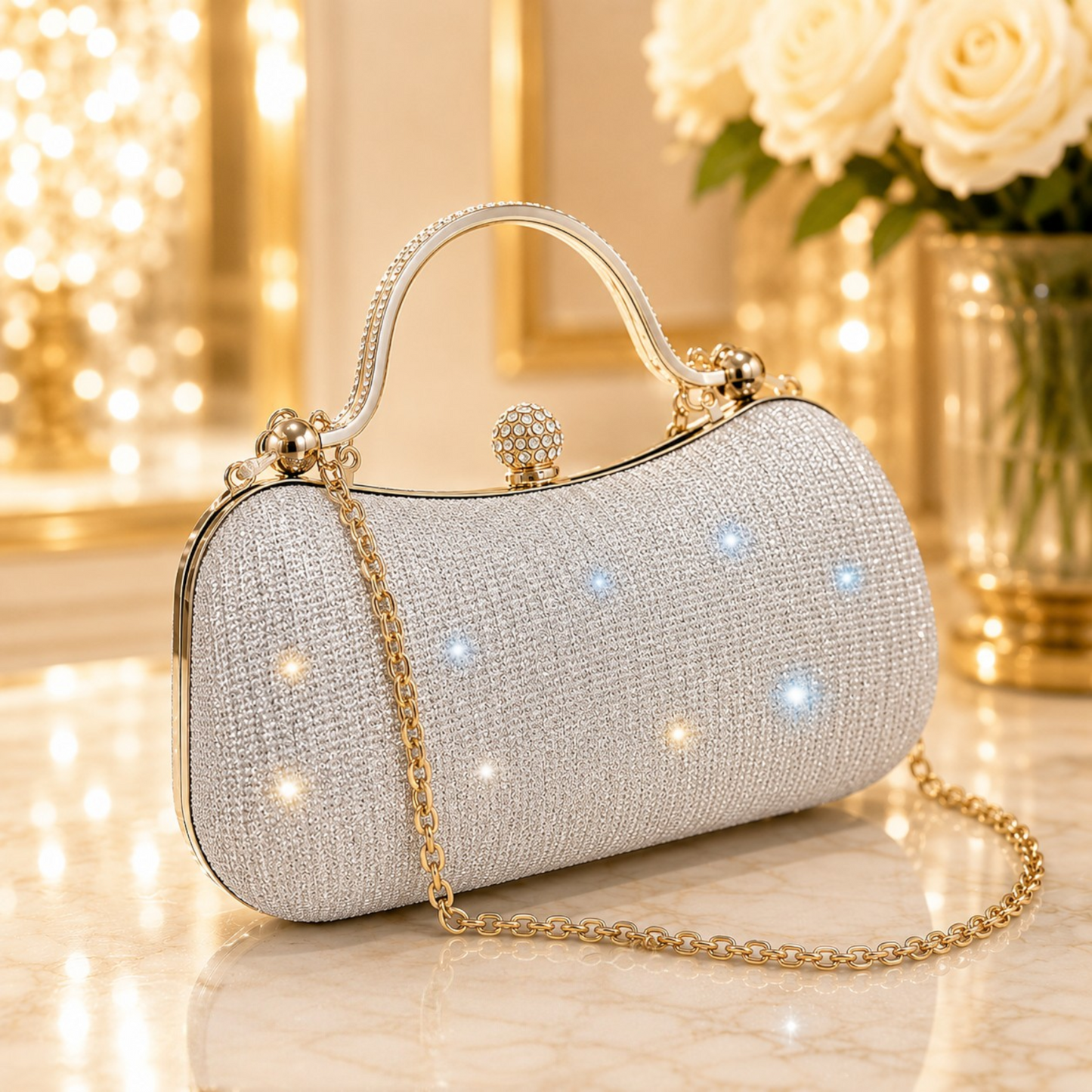 Champagne Crystal Evening Clutch Bag for Women | Luxury Rhinestone Top Handle Purse with Chain Strap for Weddings & Parties