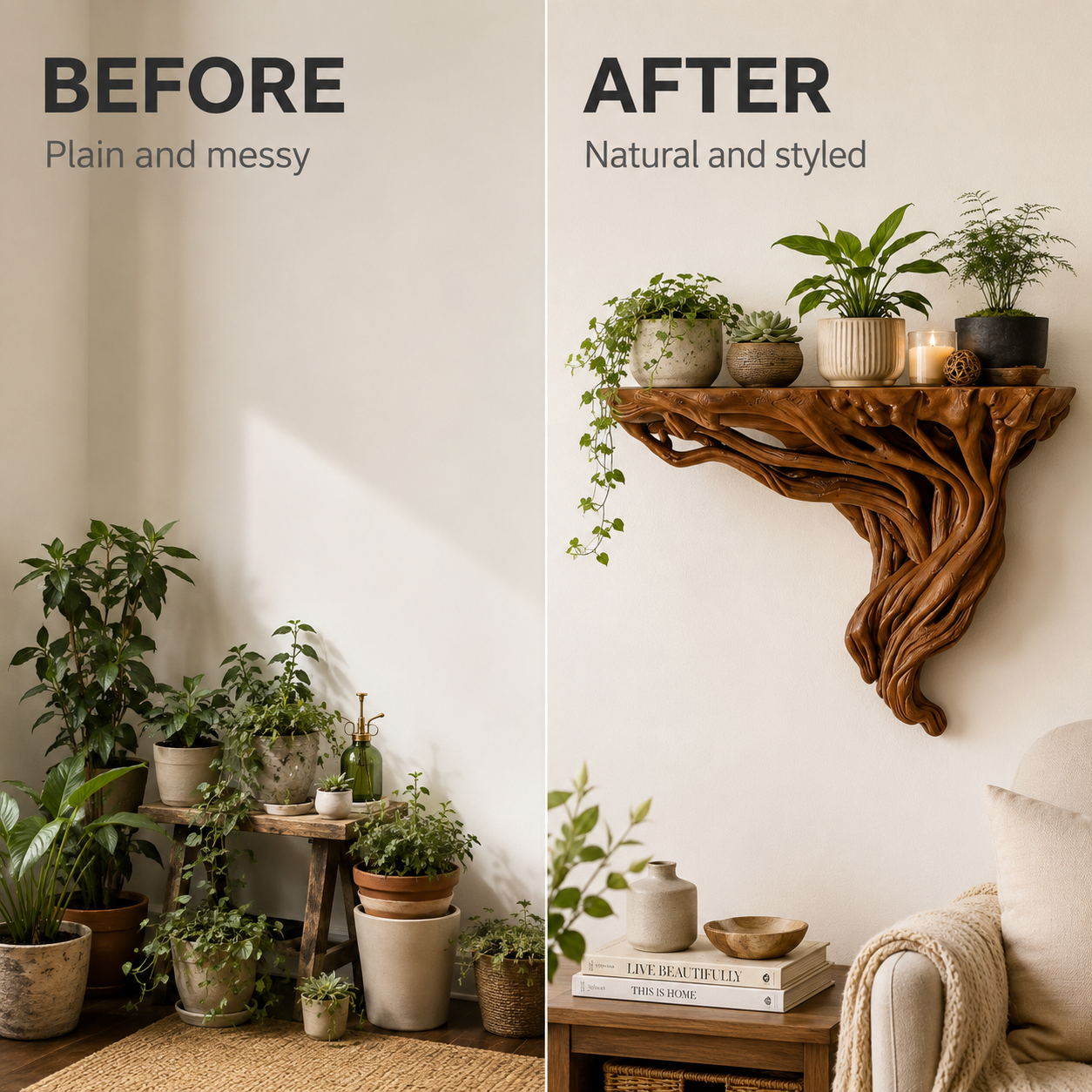 Tree Root Wall Shelf | Rustic Plant Display Rack | Boho Wall Mounted Storage Shelf | Corner Decor Organizer