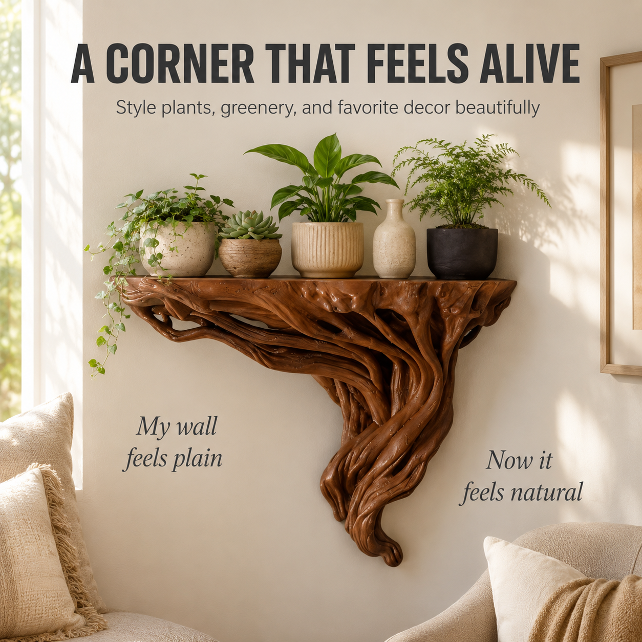 Tree Root Wall Shelf | Rustic Plant Display Rack | Boho Wall Mounted Storage Shelf | Corner Decor Organizer