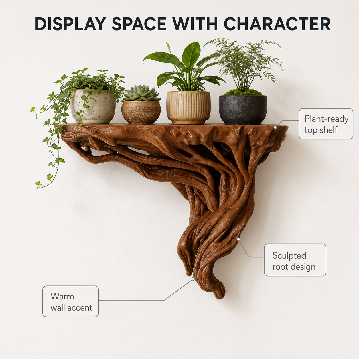 Tree Root Wall Shelf | Rustic Plant Display Rack | Boho Wall Mounted Storage Shelf | Corner Decor Organizer