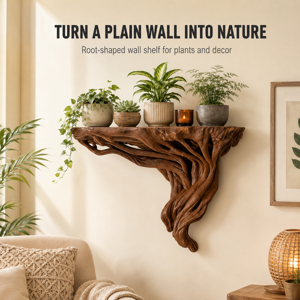 Tree Root Wall Shelf | Rustic Plant Display Rack | Boho Wall Mounted Storage Shelf | Corner Decor Organizer