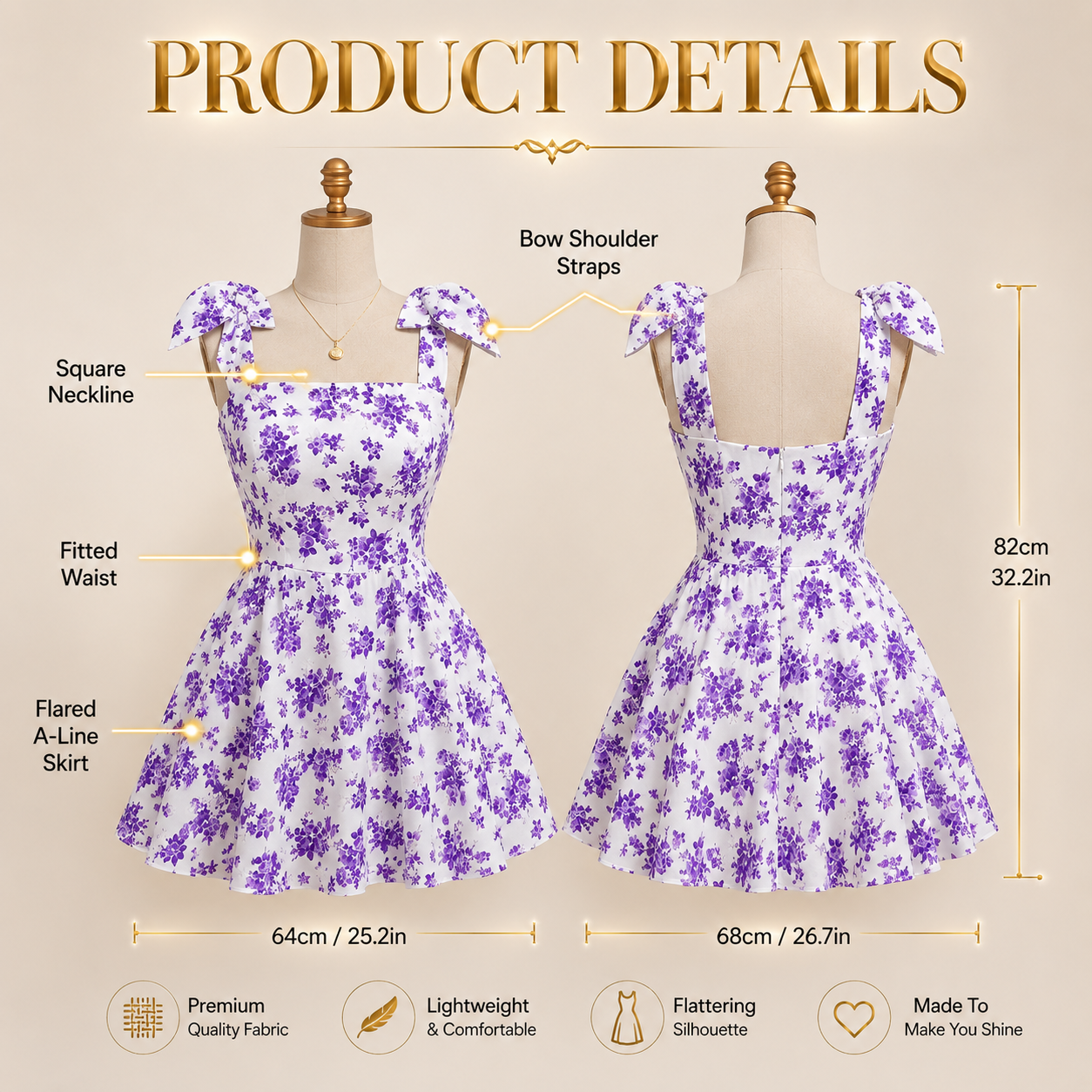 Purple Floral Fit and Flare Dress Bow Strap A Line Mini Dress Square Neck Summer Brunch Vacation Dress