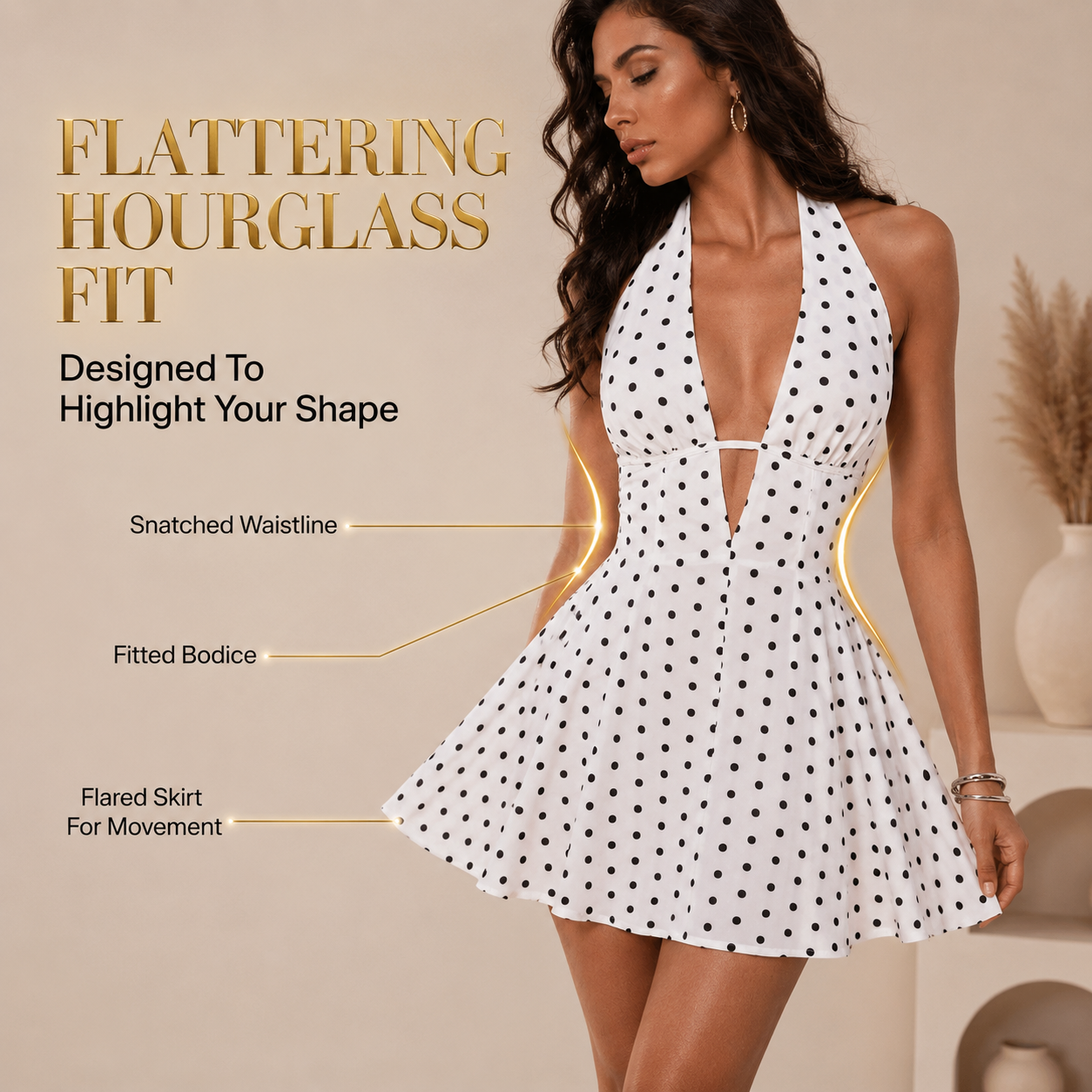 Polka Dot Halter Mini Dress Deep V Neck Backless Skater Dress Vintage Inspired Summer Party Vacation Dress