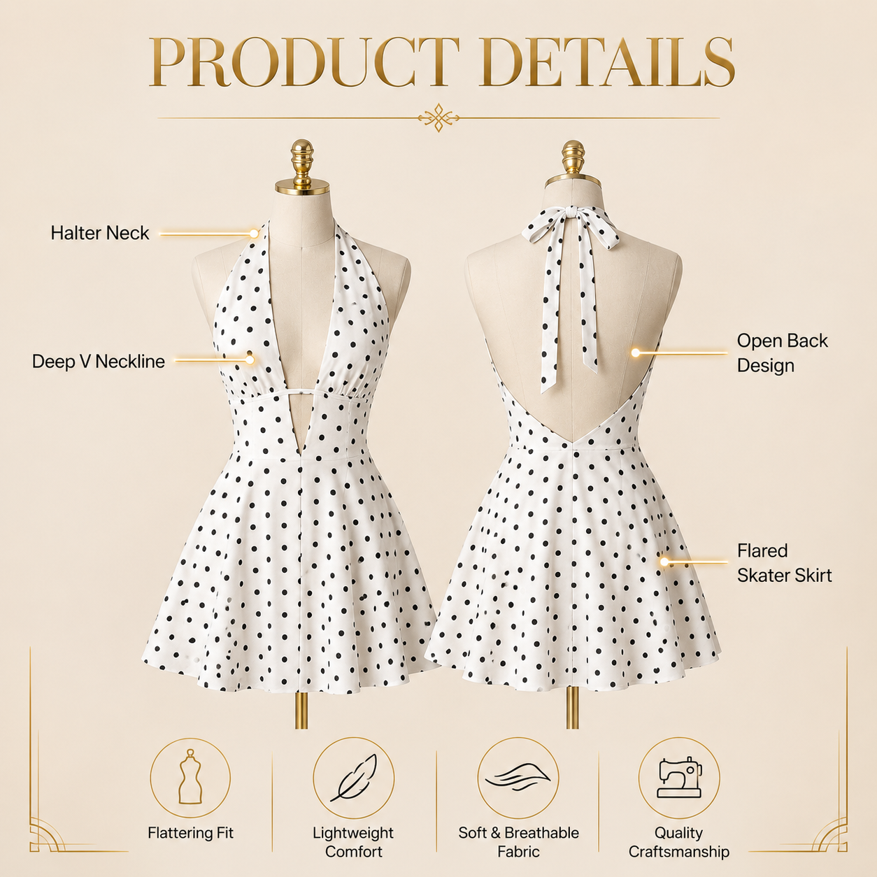 Polka Dot Halter Mini Dress Deep V Neck Backless Skater Dress Vintage Inspired Summer Party Vacation Dress
