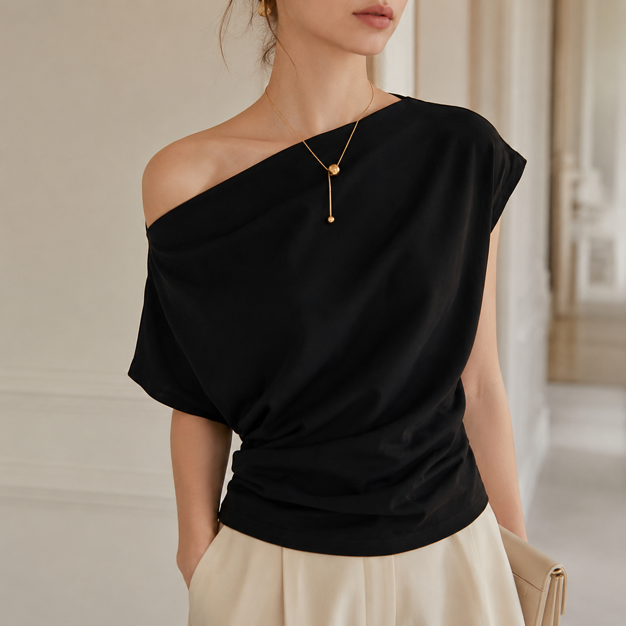 Asymmetric Shoulder Draped Top | Off Shoulder Blouse | Relaxed Sleeve Shirt | Elegant Minimal Going Out Top