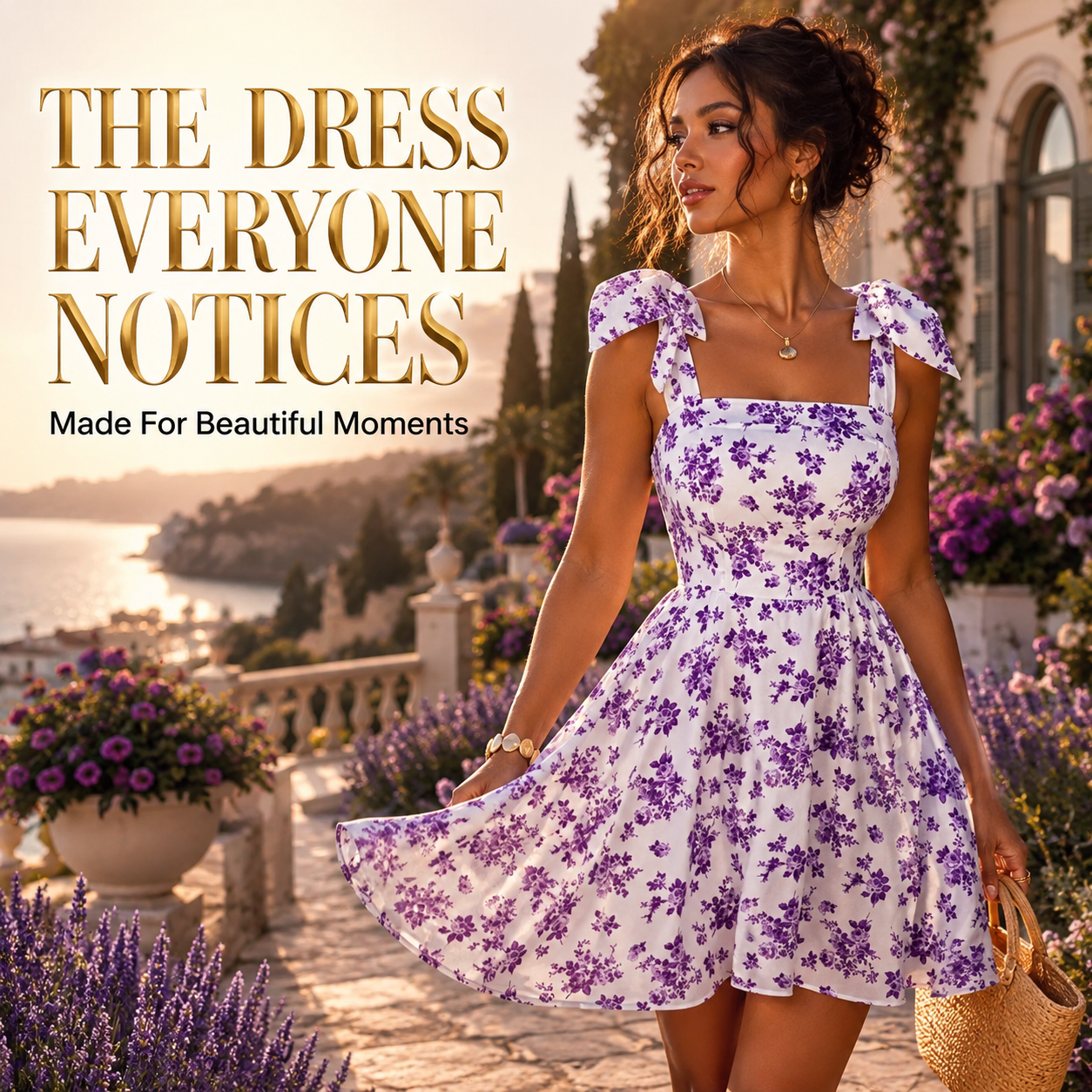 Purple Floral Fit and Flare Dress Bow Strap A Line Mini Dress Square Neck Summer Brunch Vacation Dress