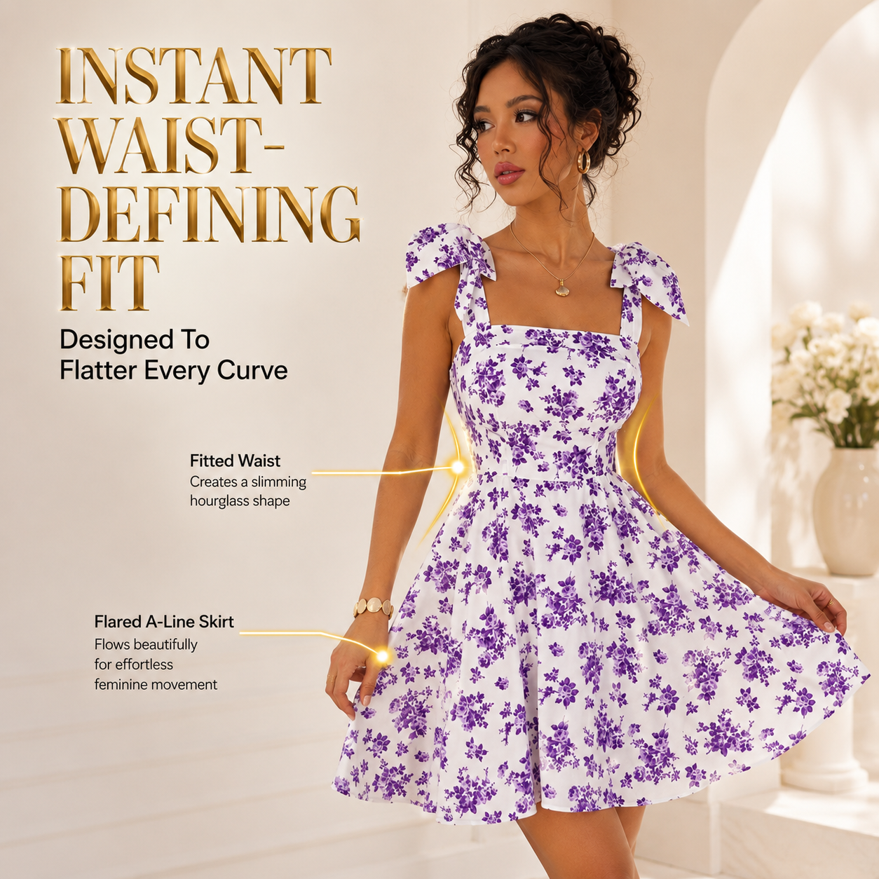 Purple Floral Fit and Flare Dress Bow Strap A Line Mini Dress Square Neck Summer Brunch Vacation Dress