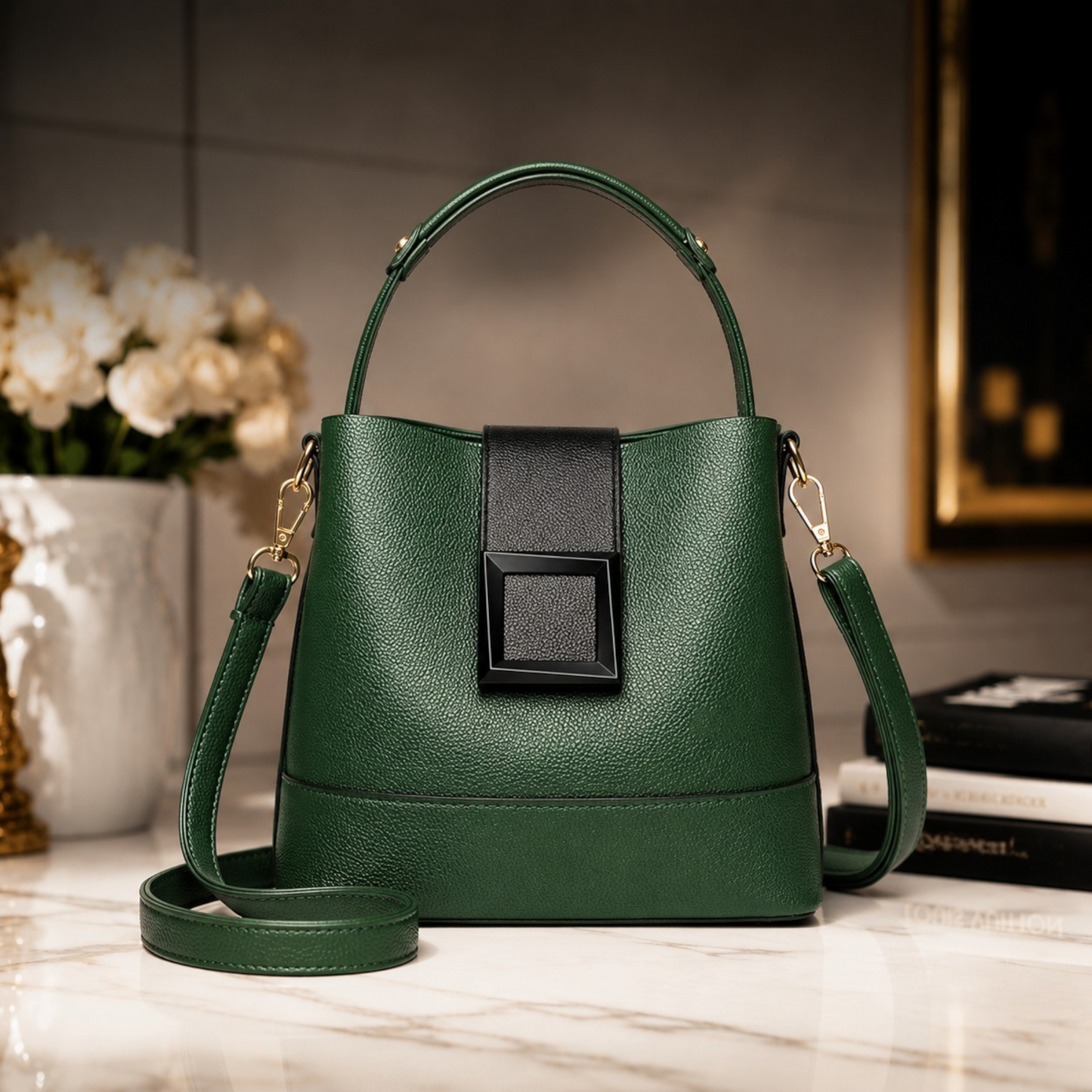 Luxury Black Top Handle Crossbody Bag for Women | Quiet Luxury Designer Inspired Shoulder Purse with Gold Hardware