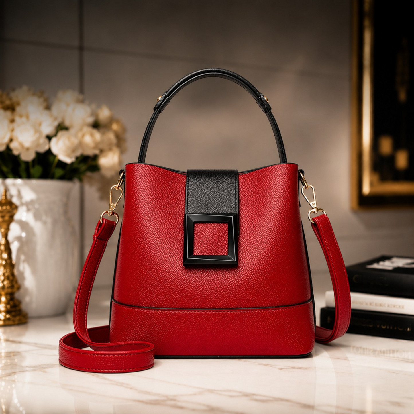 Luxury Black Top Handle Crossbody Bag for Women | Quiet Luxury Designer Inspired Shoulder Purse with Gold Hardware
