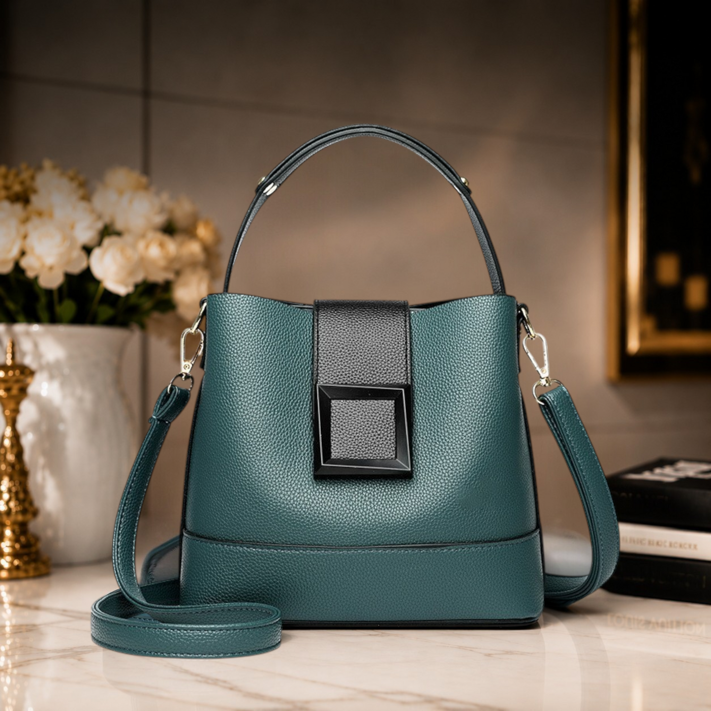 Luxury Black Top Handle Crossbody Bag for Women | Quiet Luxury Designer Inspired Shoulder Purse with Gold Hardware