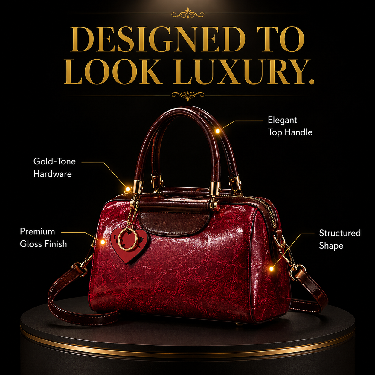 Vintage Burgundy Patent Leather Barrel Handbag for Women | Luxury Top Handle Crossbody Purse with Gold Hardware