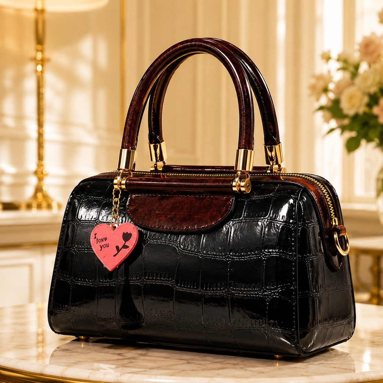 Vintage Burgundy Patent Leather Barrel Handbag for Women | Luxury Top Handle Crossbody Purse with Gold Hardware