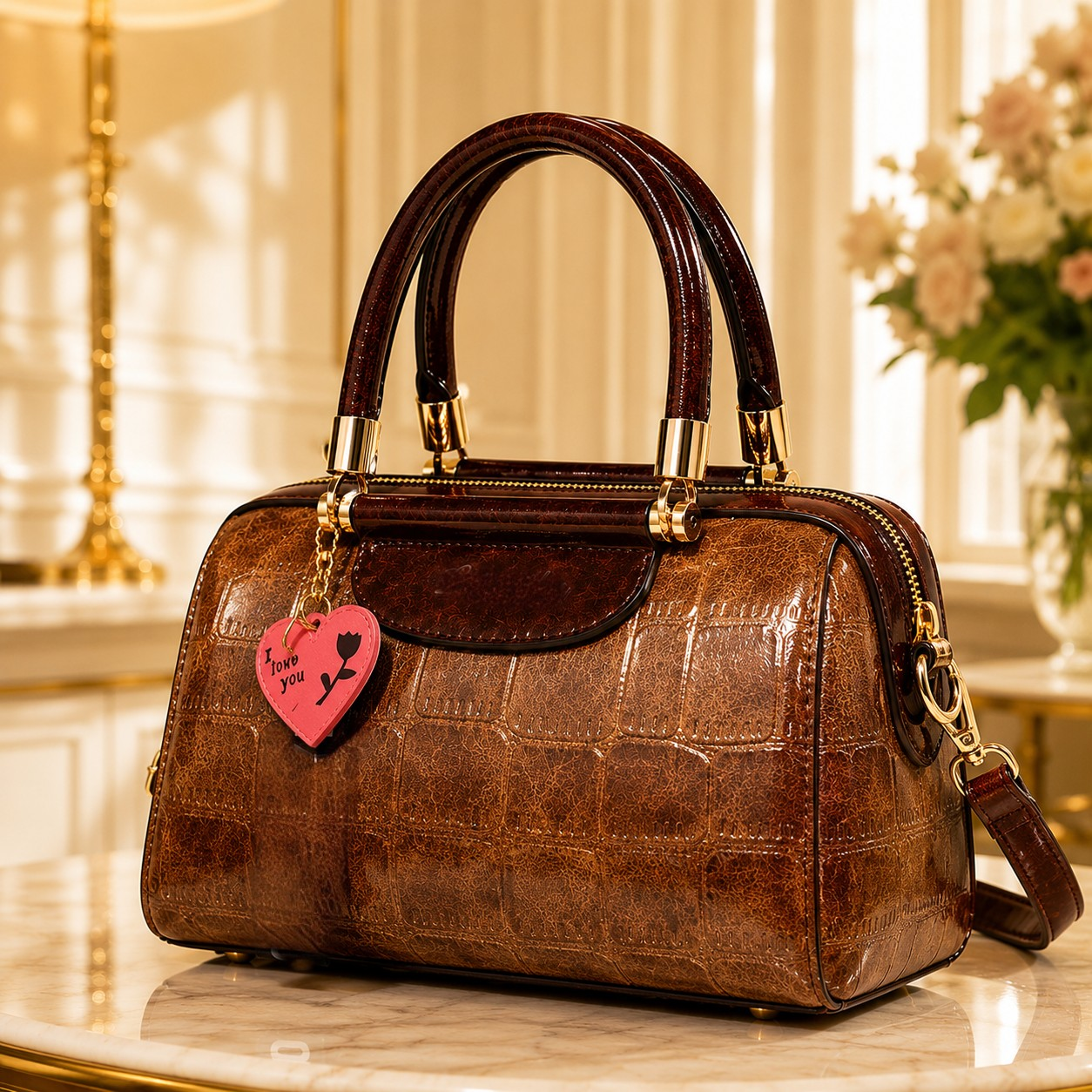 Vintage Burgundy Patent Leather Barrel Handbag for Women | Luxury Top Handle Crossbody Purse with Gold Hardware