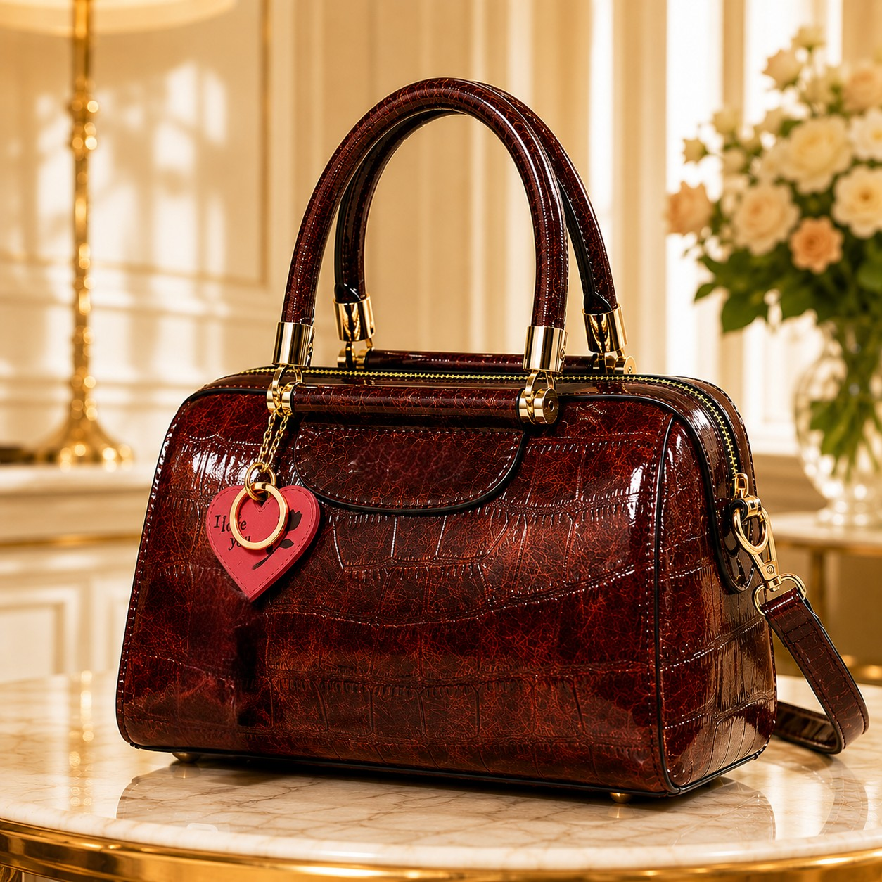 Vintage Burgundy Patent Leather Barrel Handbag for Women | Luxury Top Handle Crossbody Purse with Gold Hardware