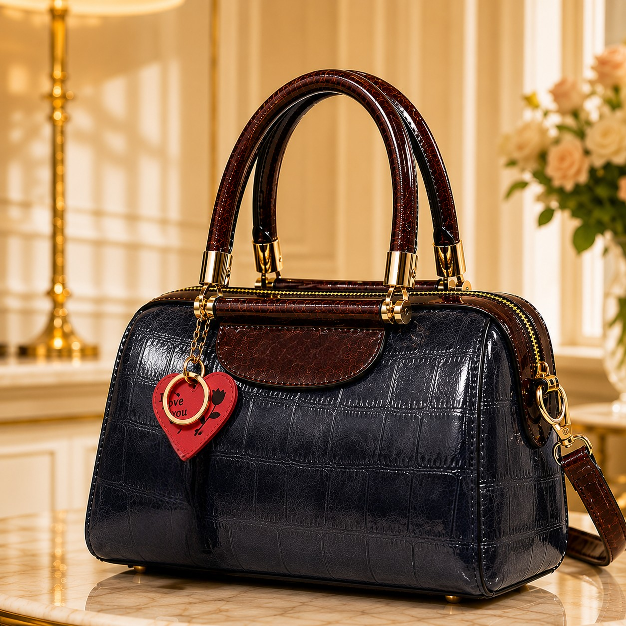 Vintage Burgundy Patent Leather Barrel Handbag for Women | Luxury Top Handle Crossbody Purse with Gold Hardware