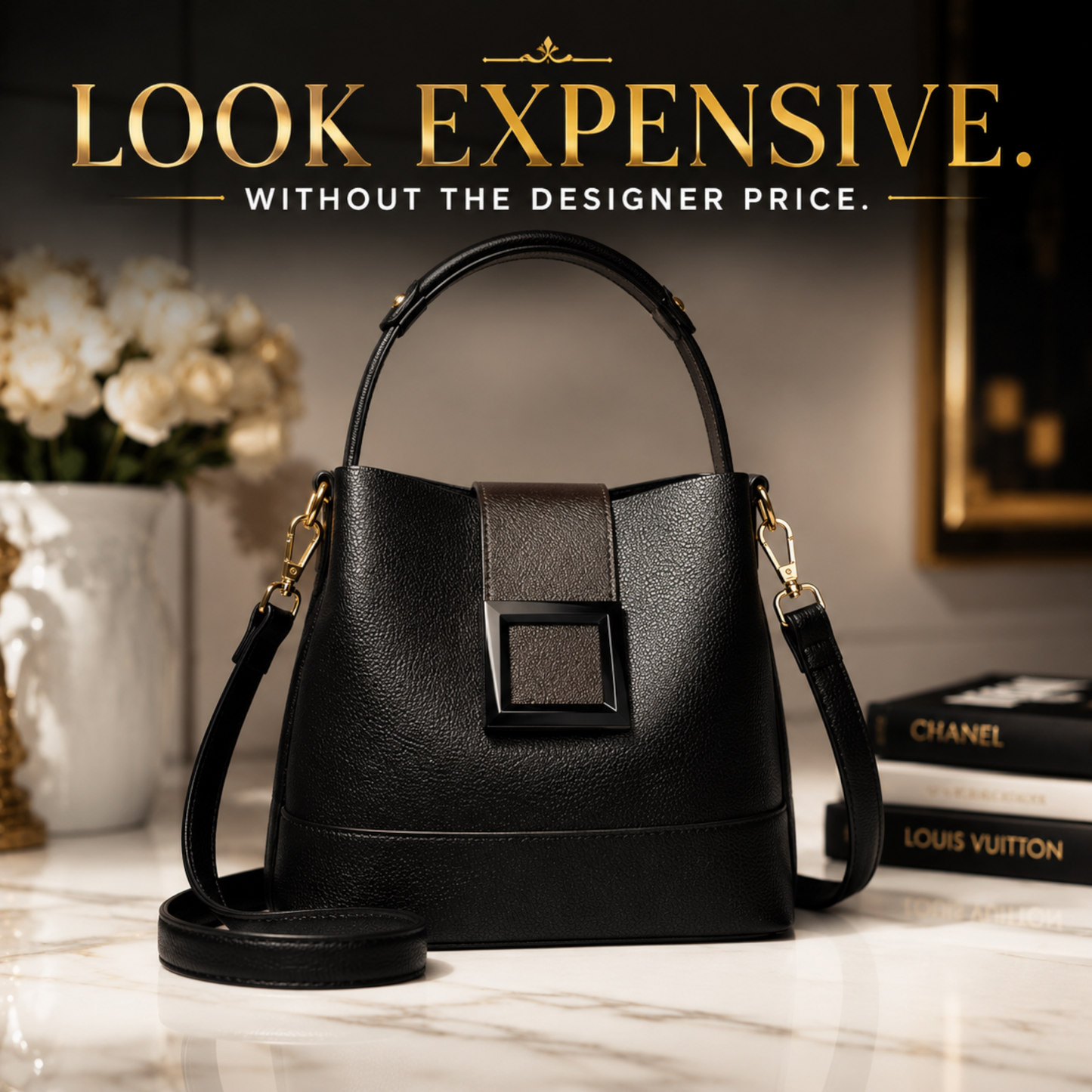 Luxury Black Top Handle Crossbody Bag for Women | Quiet Luxury Designer Inspired Shoulder Purse with Gold Hardware