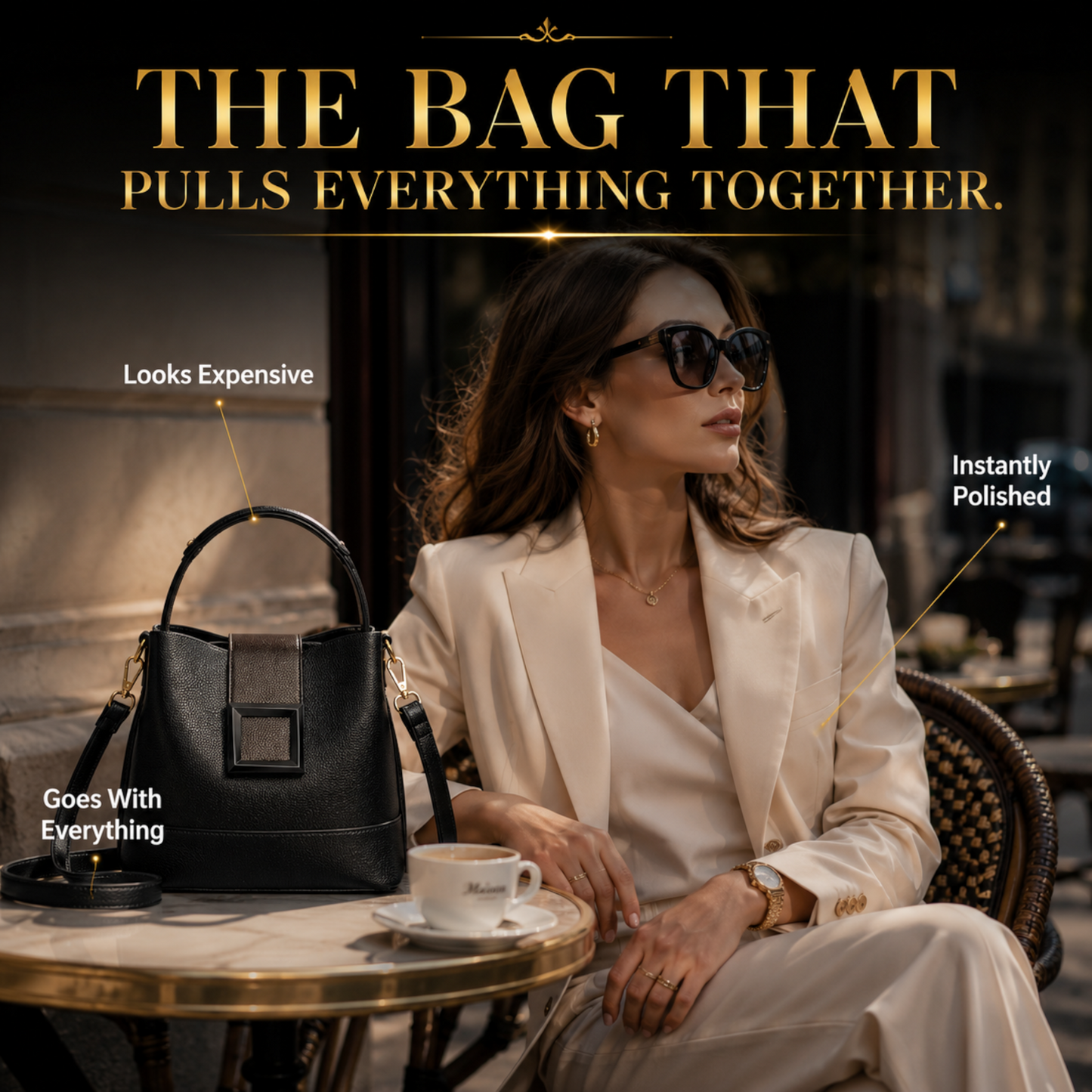 Luxury Black Top Handle Crossbody Bag for Women | Quiet Luxury Designer Inspired Shoulder Purse with Gold Hardware