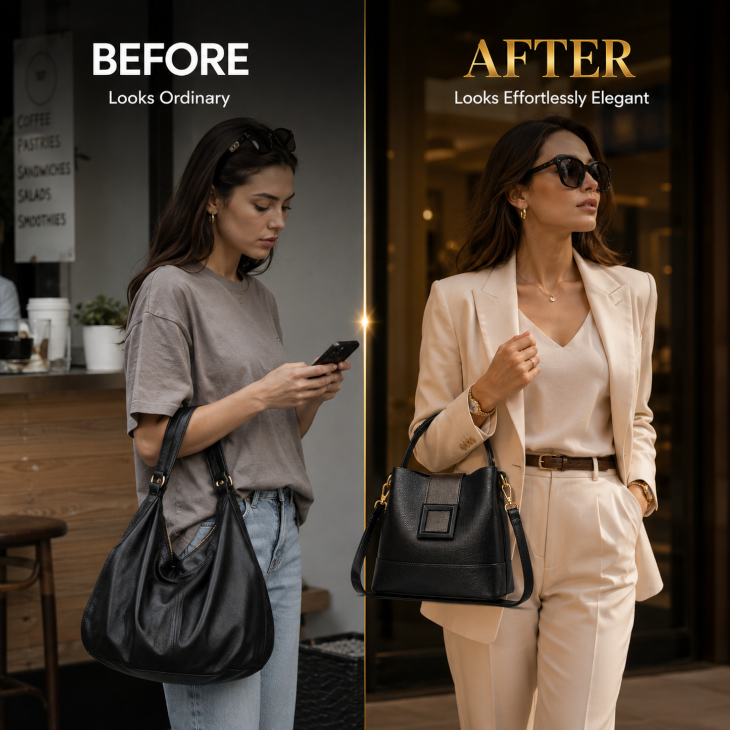 Luxury Black Top Handle Crossbody Bag for Women | Quiet Luxury Designer Inspired Shoulder Purse with Gold Hardware