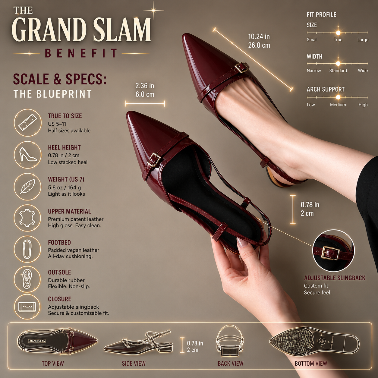 Women's Pointed Toe Slingback Heels – Elegant Low Heel Dress Shoes, Adjustable Strap Office Wedding Party Pumps Burgundy