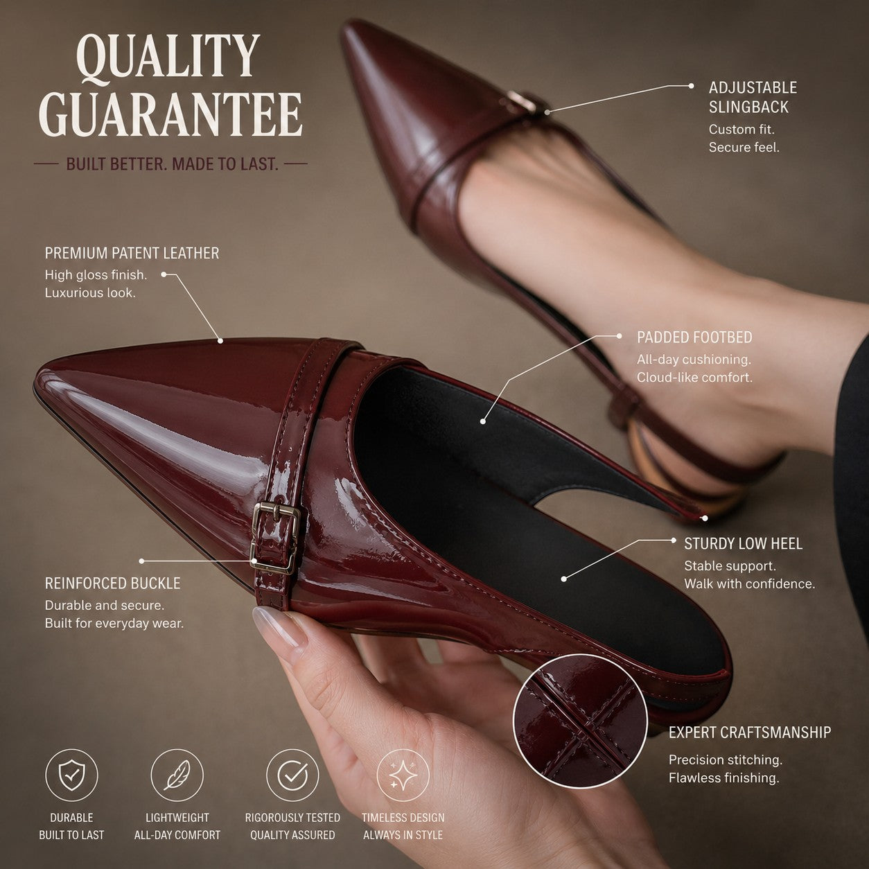 Women's Pointed Toe Slingback Heels – Elegant Low Heel Dress Shoes, Adjustable Strap Office Wedding Party Pumps Burgundy