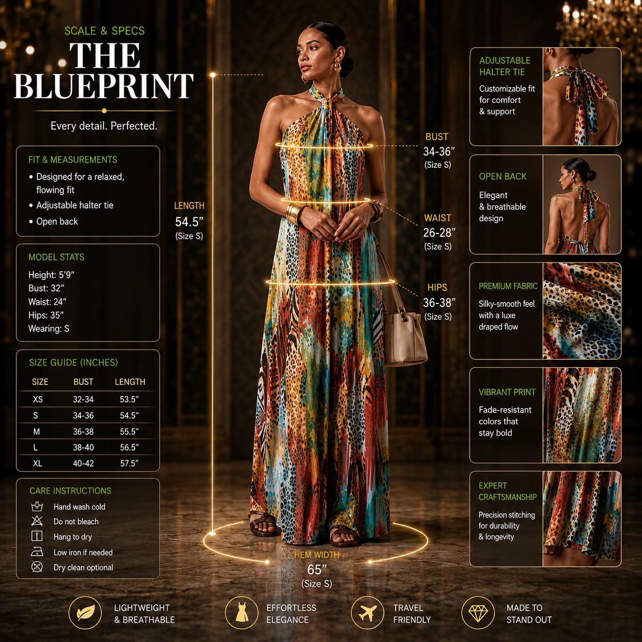 Women's Halter Maxi Dress – Sleeveless Printed Long Dress, Backless Summer Vacation Beach Party Boho Maxi Dress