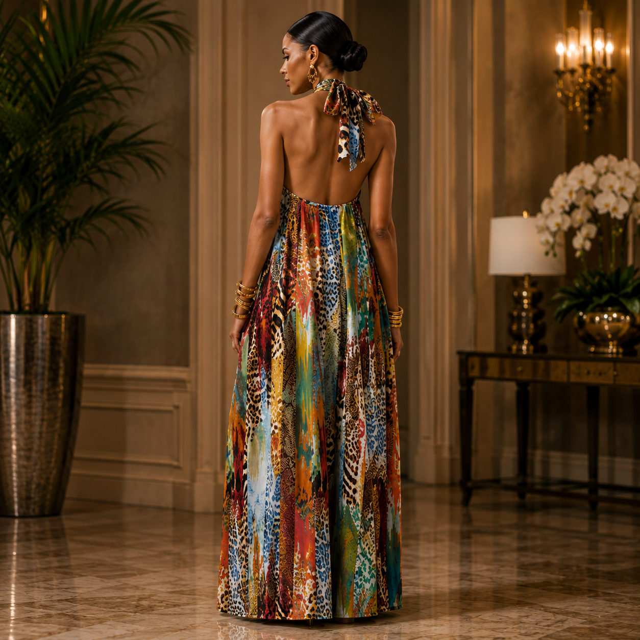 Women's Halter Maxi Dress – Sleeveless Printed Long Dress, Backless Summer Vacation Beach Party Boho Maxi Dress