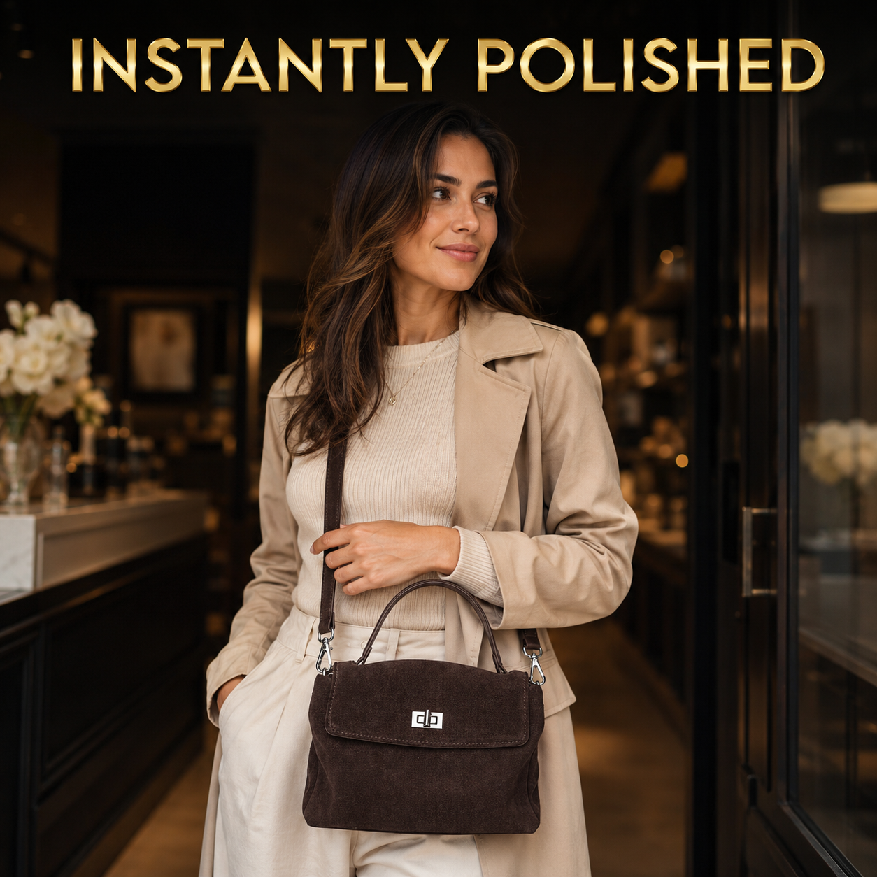 Suede Look Genuine Leather Crossbody Bag | Small Top Handle Satchel | Flap Shoulder Purse | Twist Lock Handbag