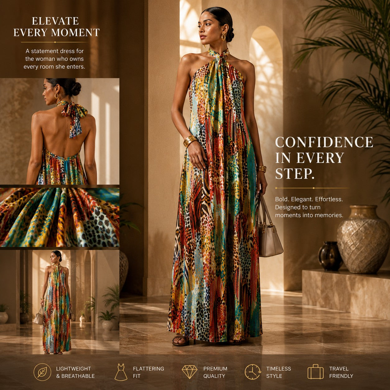 Women's Halter Maxi Dress – Sleeveless Printed Long Dress, Backless Summer Vacation Beach Party Boho Maxi Dress