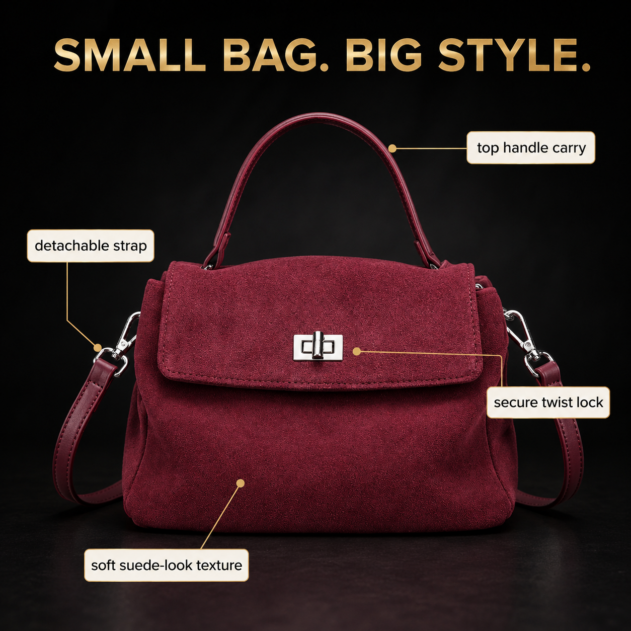 Suede Look Genuine Leather Crossbody Bag | Small Top Handle Satchel | Flap Shoulder Purse | Twist Lock Handbag