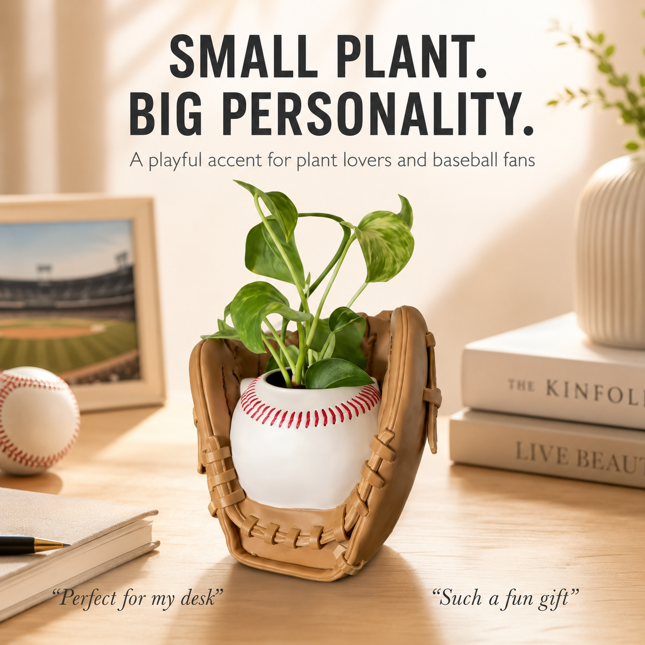 Baseball Glove Planter | Small Plant Pot | Sports Desk Decor | Gift for Baseball Fans | Indoor Shelf Accent