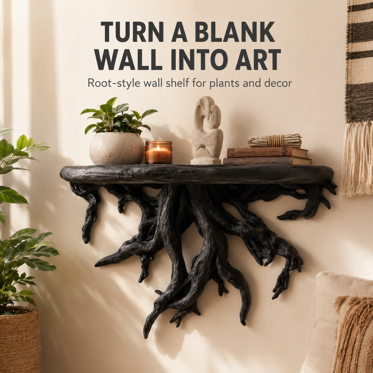 Tree Root Wall Shelf | Rustic Plant Display Rack | Boho Wall Mounted Shelf | Driftwood Style Decor Storage