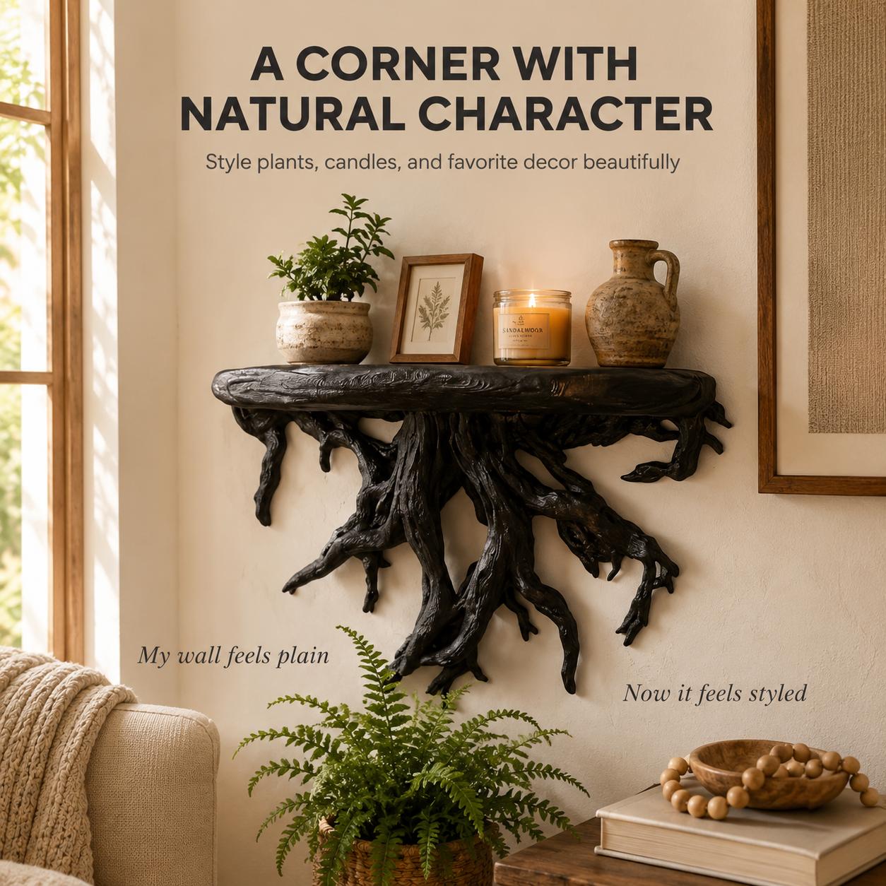 Tree Root Wall Shelf | Rustic Plant Display Rack | Boho Wall Mounted Shelf | Driftwood Style Decor Storage