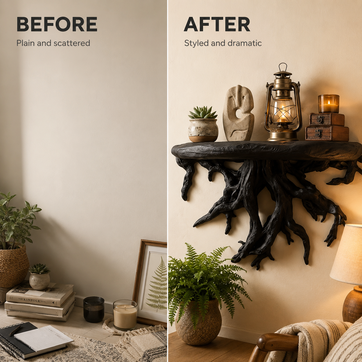 Tree Root Wall Shelf | Rustic Plant Display Rack | Boho Wall Mounted Shelf | Driftwood Style Decor Storage