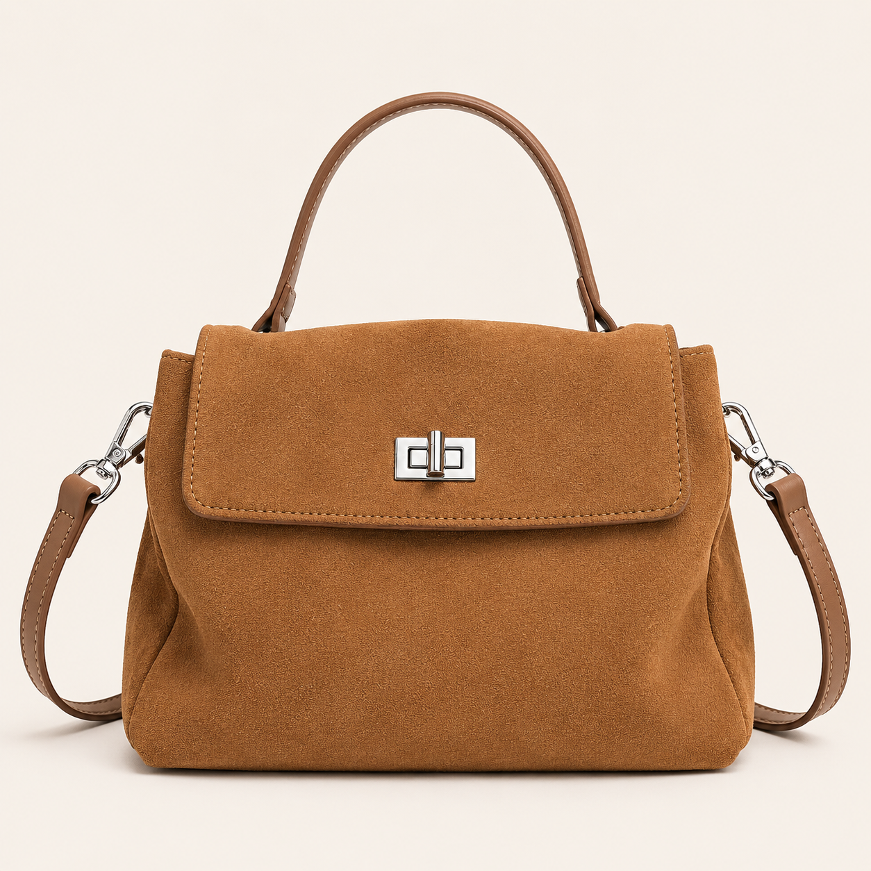 Suede Look Genuine Leather Crossbody Bag | Small Top Handle Satchel | Flap Shoulder Purse | Twist Lock Handbag