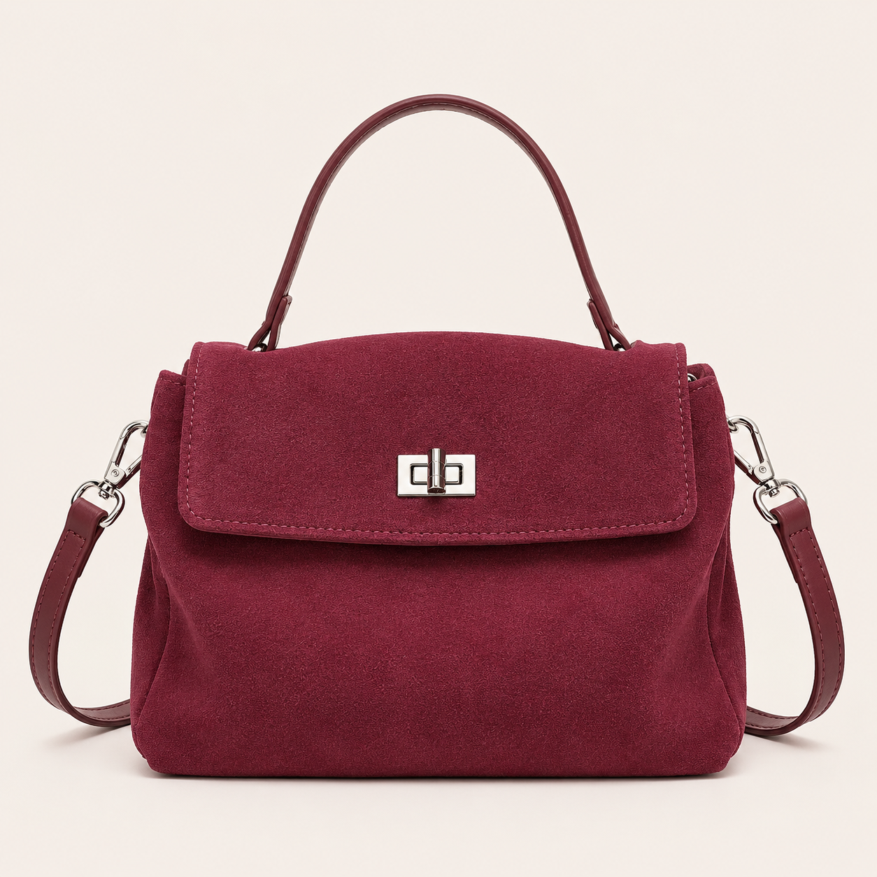 Suede Look Genuine Leather Crossbody Bag | Small Top Handle Satchel | Flap Shoulder Purse | Twist Lock Handbag