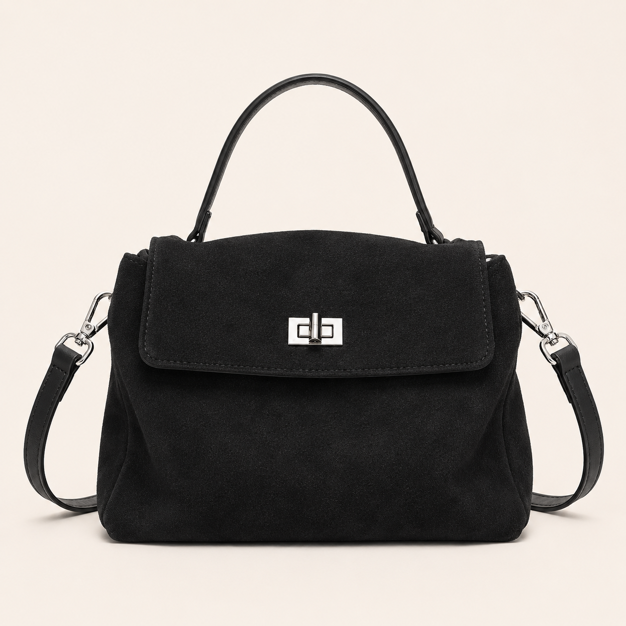 Suede Look Genuine Leather Crossbody Bag | Small Top Handle Satchel | Flap Shoulder Purse | Twist Lock Handbag